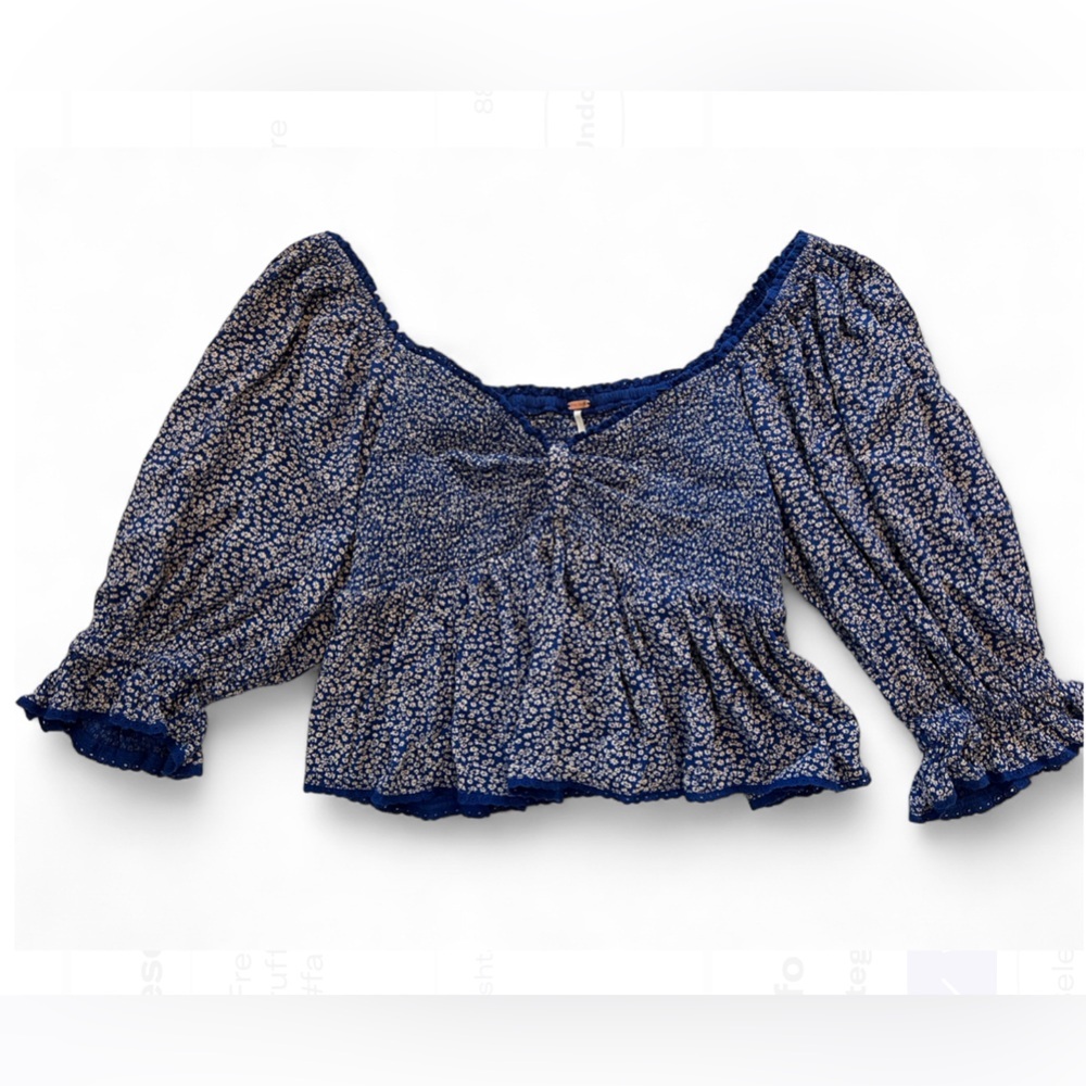 Free People Navy Blue Floral Peasant Blouse
